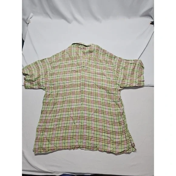 Vtg Burberry Men's Short Sleeve Linen Button Up Green Beige Check USA Made Sz XL - Picture 13 of 13